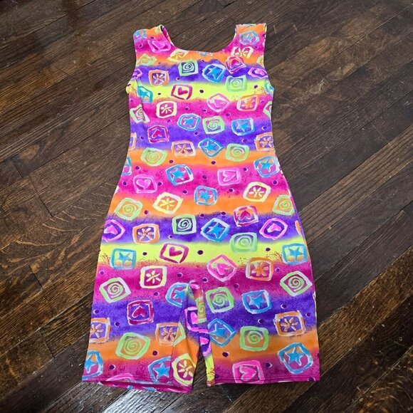 Vintage 90s Neon Abstract Tank Top Spandex Romper Jumpsuit Girls - Picture 11 of 12